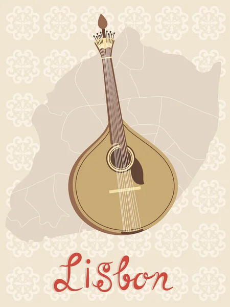 Tipikus portugál fado guitar megjelenítése Lisszabon és azulejo-csempék háttér — Stock Vector