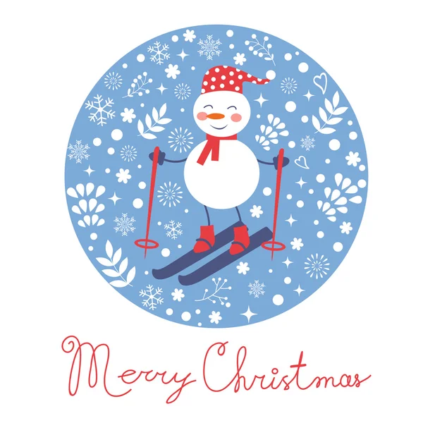 Beautiful Christmas card with snowman skiing — Stock Vector