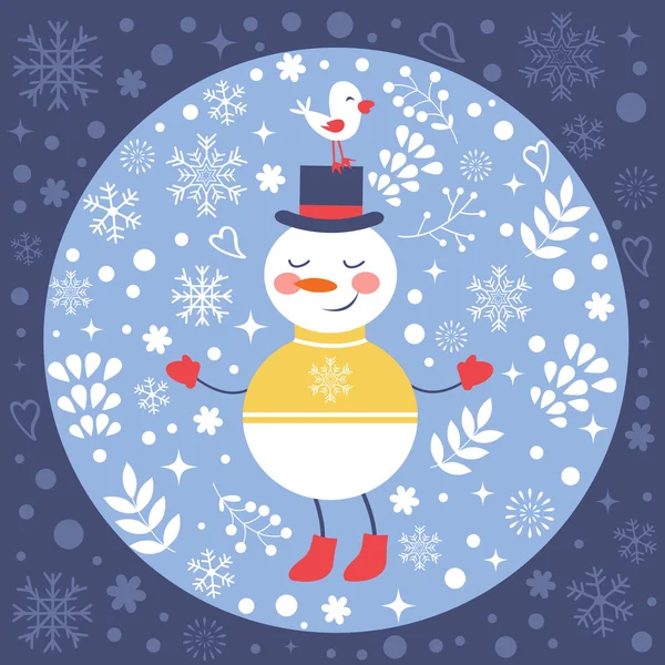 Красивая рождественская открытка со снеговиком и птицей — стоковый вектор