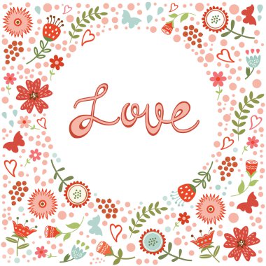Çiçek kalp ve el yazısı harfleri ile kavramı aşk kartı