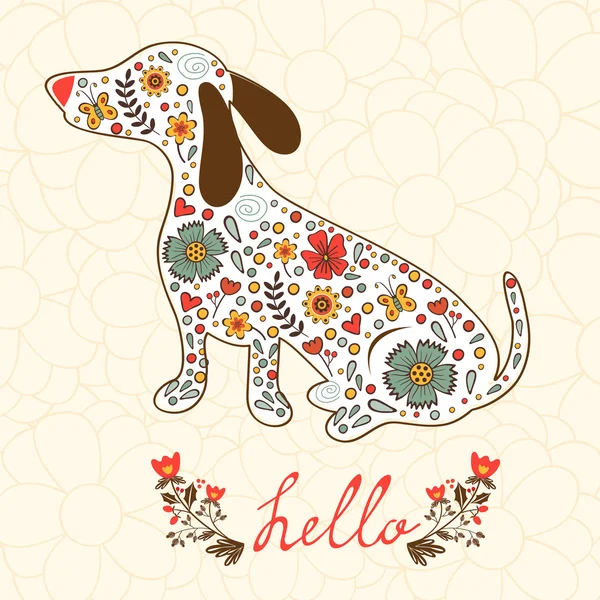 Concept Hallo kaart met floral dassen hond — Stockvector