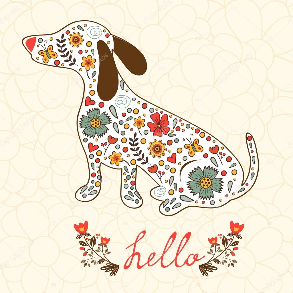 Concept hello card with floral badger dog