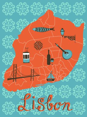 Lizbon renkli stilize Haritası ile tipik simgeler ve resimler