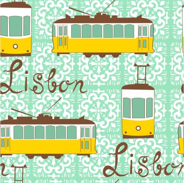 Tipik Lizbon tramvay ile renkli seamless modeli