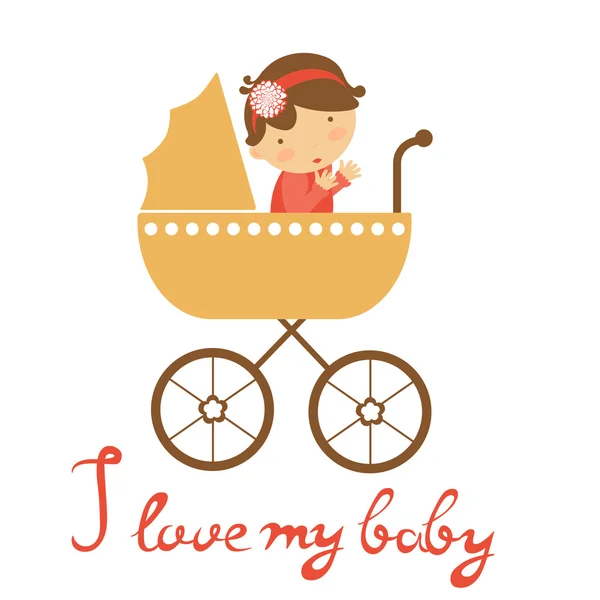 Bayi perempuan cantik di kereta dorong bayi - Stok Vektor