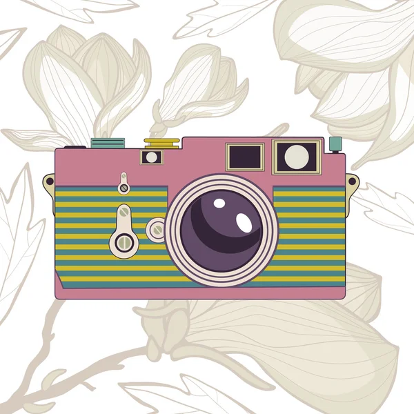 Elegant vintage camera on floral background — Stock Vector