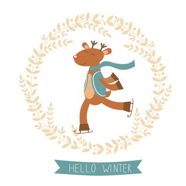 Sevimli geyik çocuk buz pateni kış kart Merhaba