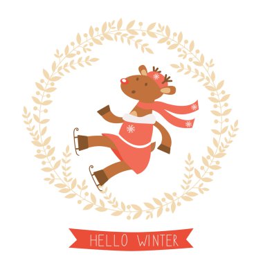 Komik geyik kız buz pateni kış kart Merhaba