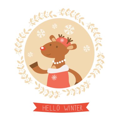 Kış kartı sevimli geyik kız portre ile Merhaba