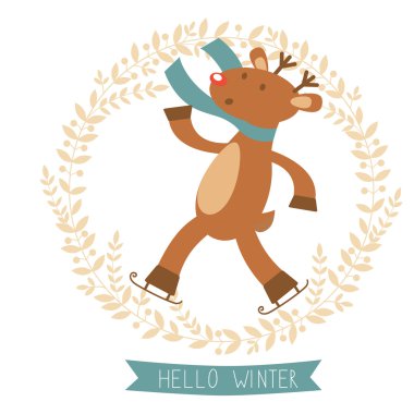 Sevimli geyik çocuk buz pateni kış kart Merhaba