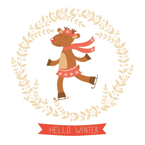 Hello winter card with cute deer girl — Stock Vector