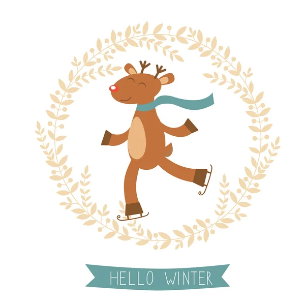 Hello winter card with cute deer boy ice skating — Stock Vector