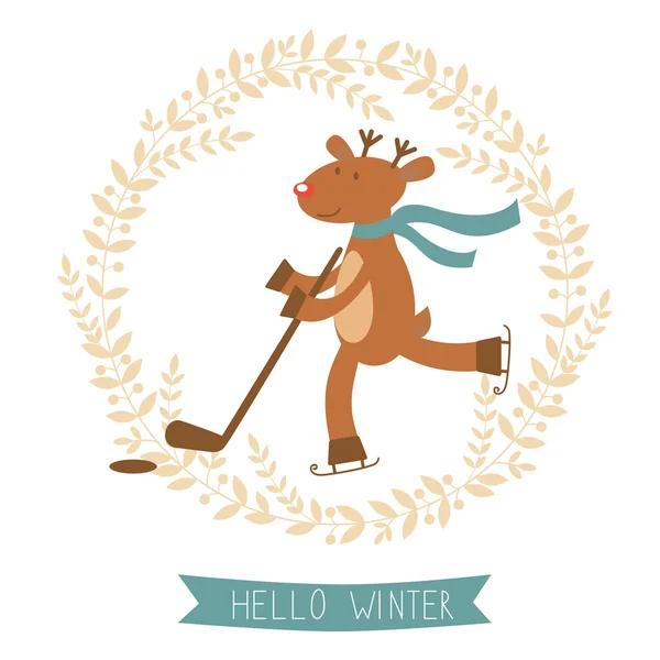 Hello winter card with cute deer boy ice skating — Stock Vector