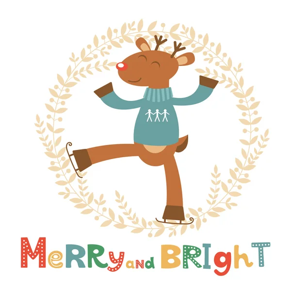 Merry and bright card with cute deer boy — Stock Vector