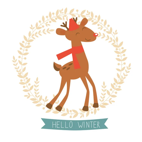 Hello winter card with cute reindeer — Stock Vector