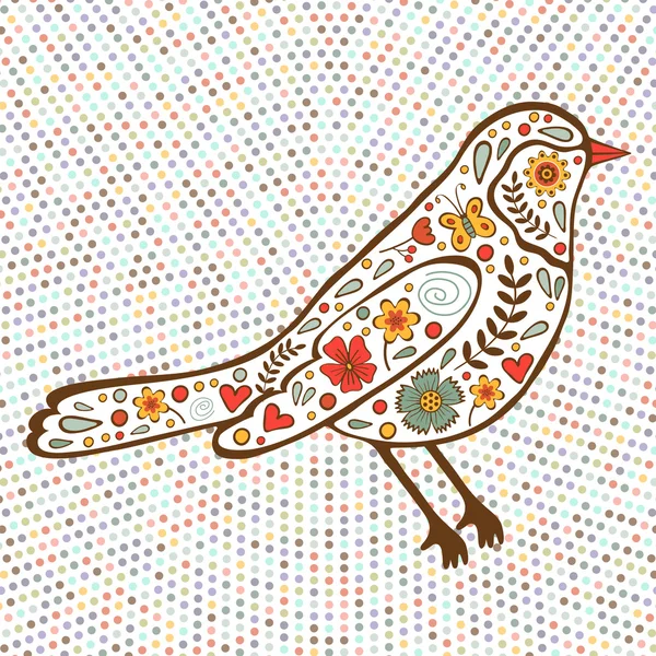 Colorido pájaro floral sobre fondo punteado — Vector de stock