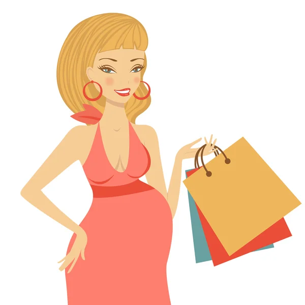 Beautiful mom to be holding shopping bags — Stock Vector