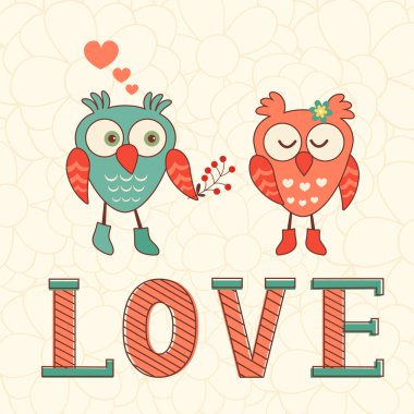 Cute card with two owls in love clipart