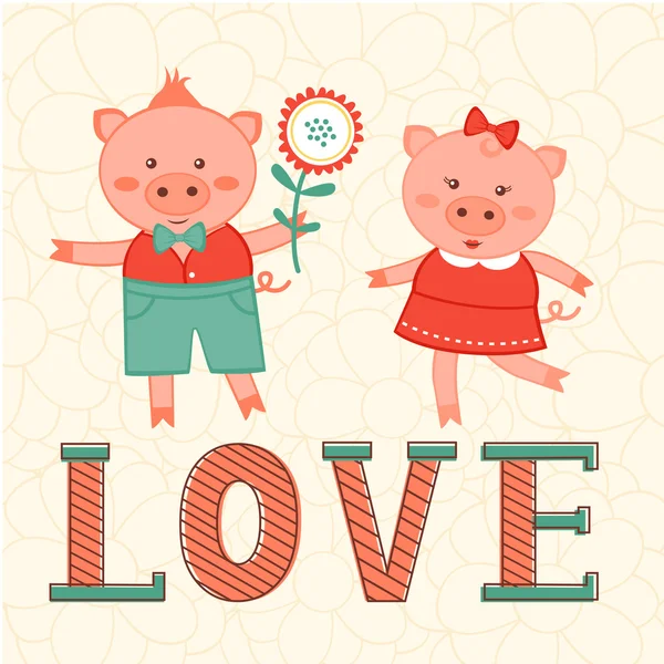 Carte mignonne avec deux cochons amoureux — Image vectorielle