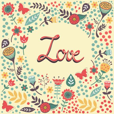 Aşk kartı ile el yazısı çerçeve çiçek aşık