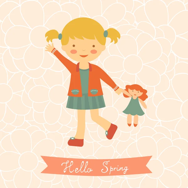Hola tarjeta de primavera con linda niña — Vector de stock