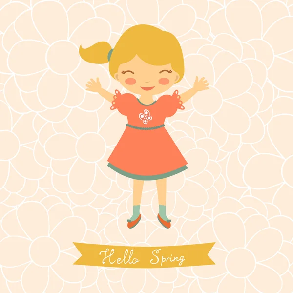 Hallo voorjaar kaart met schattig klein meisje — Stockvector