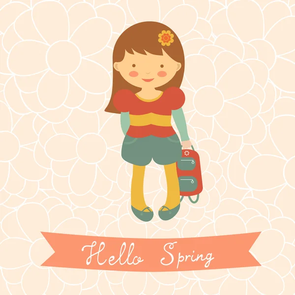 Γεια σας κάρτα άνοιξη με χαριτωμένο μικρό κορίτσι — Διανυσματικό Αρχείο