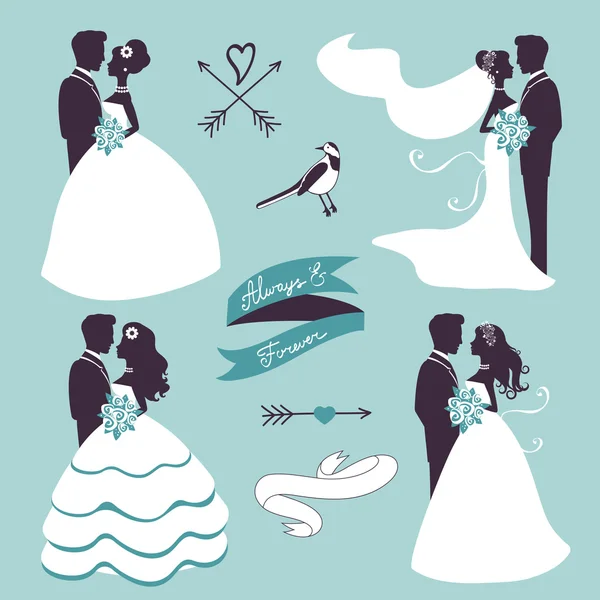 Elegant wedding couples in silhouette — Stock Vector