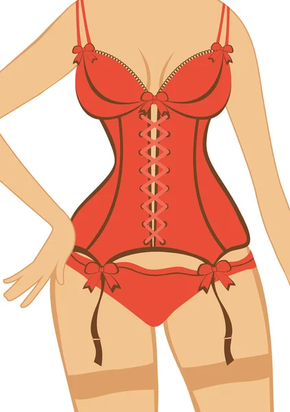 Belle silhouette femme dans un corset rouge — Image vectorielle