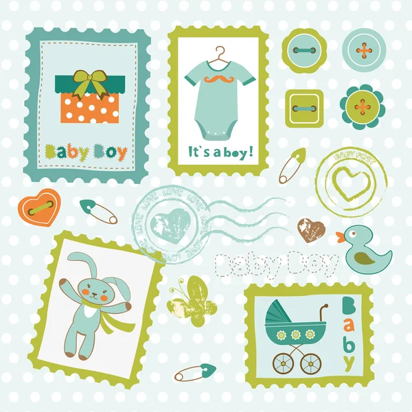 Baby boy card stamps cute collection — Stock Vector