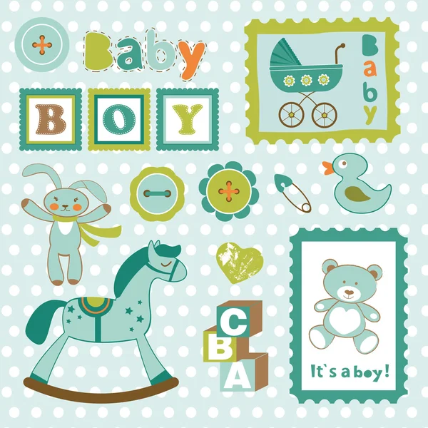 Baby boy card stamps cute collection — Stock Vector