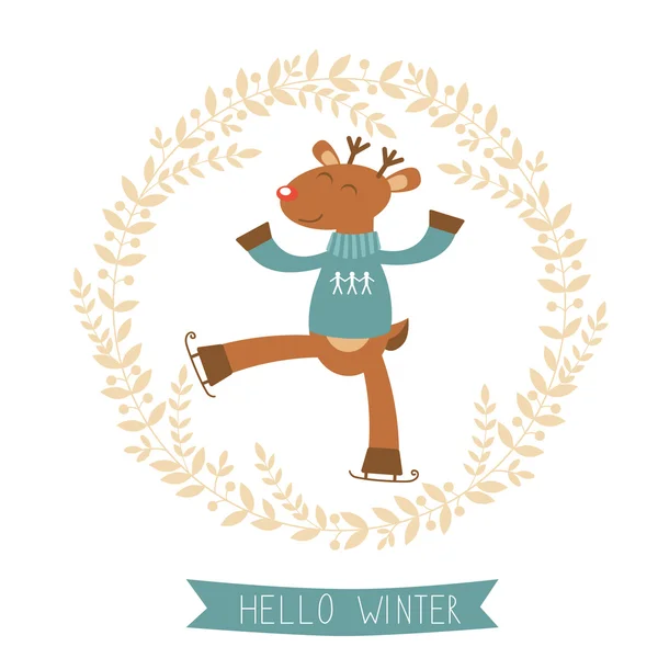 こんにちはかわいい鹿少年アイス スケートで冬のカード — ストックベクタ