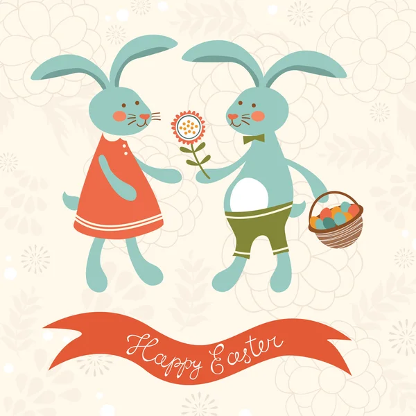 Cartão de Páscoa com bonito casal de coelhos — Vetor de Stock
