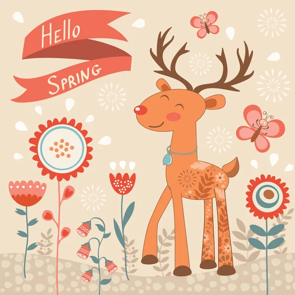 Hello spring concept card with deer — Stock Vector