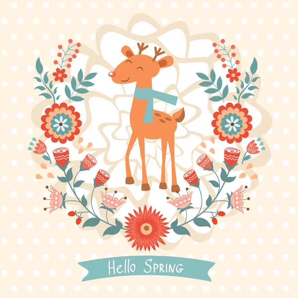 Carte concept Hello Spring avec cerf — Image vectorielle