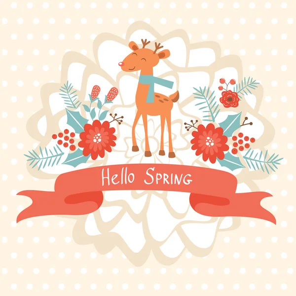 Hello spring concept card with deer — Stock Vector