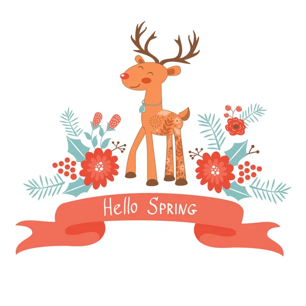 Carte concept Hello Spring avec cerf — Image vectorielle