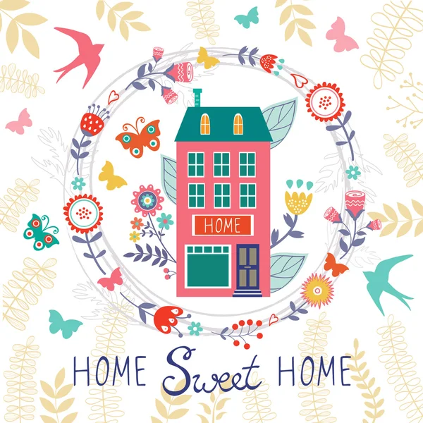 Home Sweet Home Karte mit Blumenkranz — Stockvektor