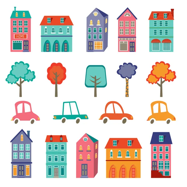 Collection de ville mignonne colorée - voitures, maisons et arbres — Image vectorielle