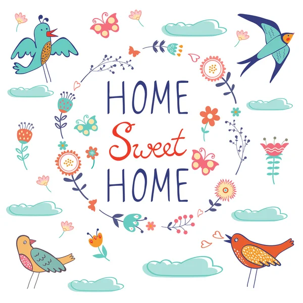 Home sweet home composition with birds and floral wreath — Stock Vector