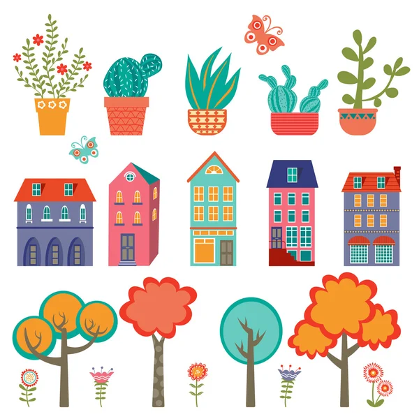 Bunte niedliche Stadtkollektion - Pflanzen, Häuser und Bäume — Stockvektor