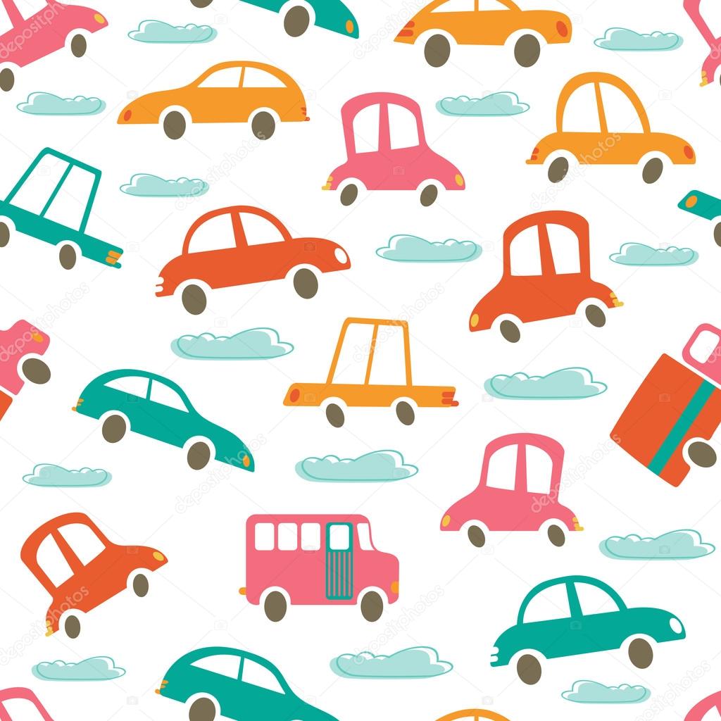 Colorful seamless pattern with cute cars and clouds