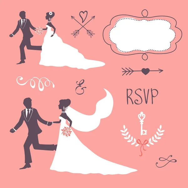 Reihe eleganter Hochzeitspaare in Silhouette — Stockvektor