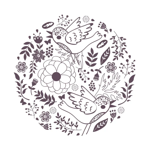 Kuşlar ve çiçekler zarif yuvarlak kompozisyonu