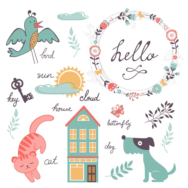 Cute preschool words collection — Stock Vector