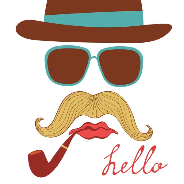 Hello card with colorful mustache party elements — Stock Vector