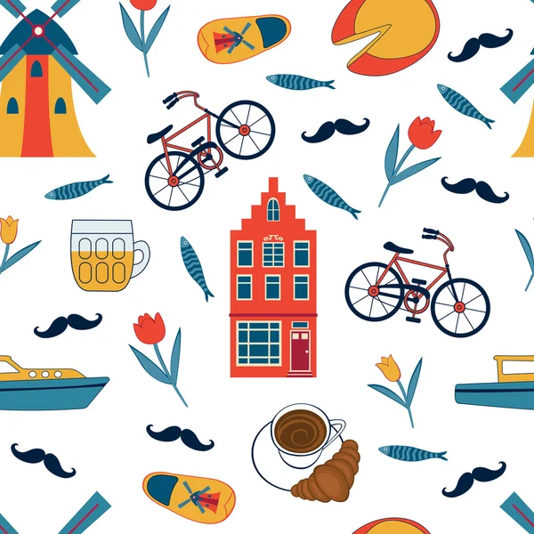 Coloridos iconos de Amsterdam patrón sin costuras — Vector de stock