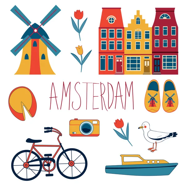 Colorido conjunto de Amsterdam — Vector de stock