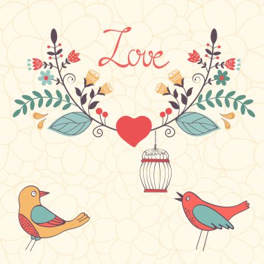 Kuş ve çiçek çelenk ile zarif aşk kartı