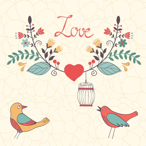 Elegante liefde kaart met vogels en bloemen krans — Stockvector